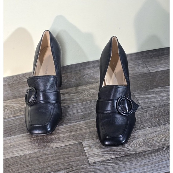 Marc Fisher Garland Black Leather Square Toe Loafer Heels w/ Buckle Detail 7.5M - Picture 11 of 14